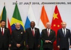 China's President Xi Jinping, Indian Prime Minister Narendra Modi, South Africa's President Cyril Ramaphosa, Brazil's President Michel Temer and Russia's President Vladimir Putin pose for a group picture at the BRICS summit meeting in Johannesburg, South Africa, July 26, 2018. REUTERS/Mike Hutchings
